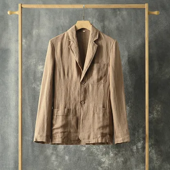 001 Весенне-осенние модные мужские льняные пальто премиум-класса с несколькими карманами и длинным рукавом Уютная куртка Деловая повседневная дышащая блузка