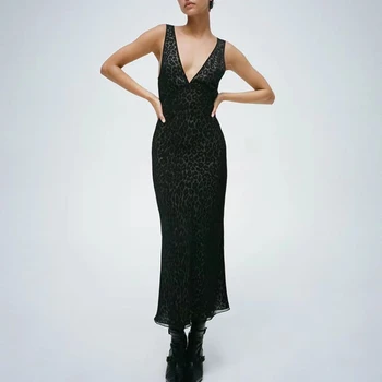 100% Шелк, женское сексуальное платье с леопардовым принтом, глубокий V-образный вырез, без рукавов, Черное двухслойное длинное платье диагонального кроя