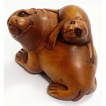 2-ДЮЙМОВАЯ Миниатюрная Скульптура Нэцкэ ручной работы из японского самшита Sweet Seal Family