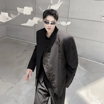 2022 Осенний корейский стиль, уникальный мужской костюм с вышитыми цветами в стиле ретро, повседневный свободный костюм с воротником-стойкой для мужчин M-XL