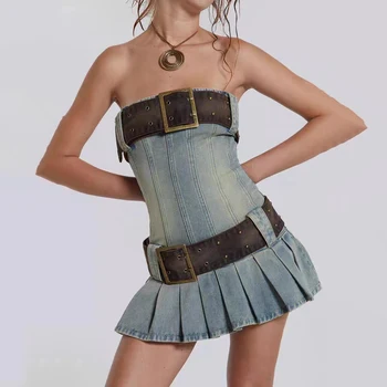 2023 Весенне-летнее новое женское платье Y2k, украшенное поясом в стиле ретро, сексуальное хлопковое джинсовое платье с плиссированной подкладкой из стопроцентного хлопка