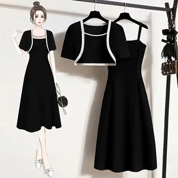 2023 Женский новый тонкий модный костюм, черное платье на бретелях, комплект топов с мясным кардиганом, Y2K Корейская мода