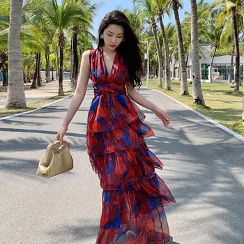 2023 Новые летние женские пляжные платья Миди с цветочным принтом, сексуальное платье с V-образным вырезом и открытой спиной, Элегантное Женское платье в Корейском стиле