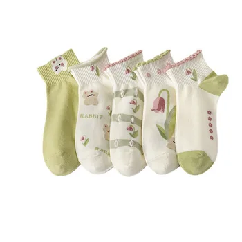 5 Пар женских хлопчатобумажных мультяшных носков с цветочным рисунком, весна-лето, дышащие студенческие короткие носки для девочек, комплект для женщин