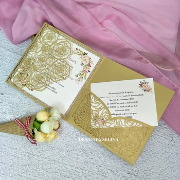 50X Приглашение на свадьбу с темно-русым жемчугом, изготовленная на заказ Поздравительная открытка с розой, вырезанная лазером, для вечеринки в честь новобрачных, Айвовые приглашения