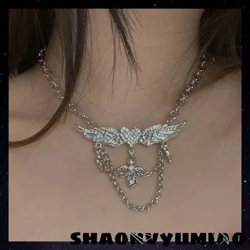 Diablo Y2k Spicy Girl Цепочки, стразы, ожерелье Love Wings, крест, ювелирные изделия в стиле панк, Готическое ожерелье для женщин, винтаж