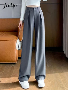 Jielur Grey, Новые Прямые Свободные женские брюки, Модный чистый цвет, Высокая талия, Осенние Тонкие Черные Модные женские брюки, Базовая уличная одежда