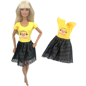 NK, 1 шт, одежда принцессы, Благородное желтое платье с рисунком, Модная Черная кружевная юбка для куклы Барби, Аксессуары, Подарок для девочки-куклы