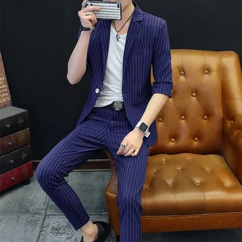 Senior Sense со средним рукавом (блейзер + брюки в обтяжку), Весенне-летний тонкий модный повседневный блейзер, комплект из двух предметов, мужской костюм