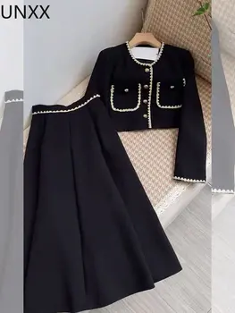 UNXX Короткий твидовый пиджак Женский 2022 Корейская одежда Серый костюм Кардиган Пальто Трапециевидные Черные плиссированные юбки Женские комплекты из 2 предметов