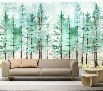 wellyu Изготовленная на заказ большая фреска скандинавская акварельная живопись простой электрический зеленый фон с видом на лес обои papel de pare