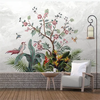 wellyu Индивидуальные обои 3d средневековая ручная роспись цветов и птиц тропический лес мраморный фон телевизора стена