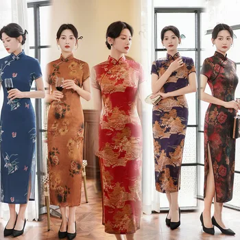 Yourqipao 2023 Летняя длинная юбка Чонсам, атласное платье в китайском стиле, модная одежда для банкетов, выступлений, подиума для женщин