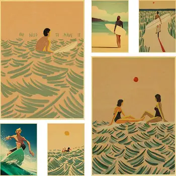 Абстрактный пляжный мужчина, девушка, волна для серфинга, настенное искусство, печать на крафт-бумаге, скандинавский плакат и пейзажная настенная картина для гостиной