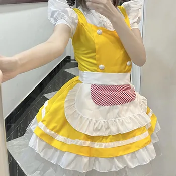 Аниме Японский милый кот Белл Косплей костюм Желтое платье горничной юбка принцессы в стиле Лолиты взрослая женщина Сексуальный кавайный карнавальный костюм для вечеринки