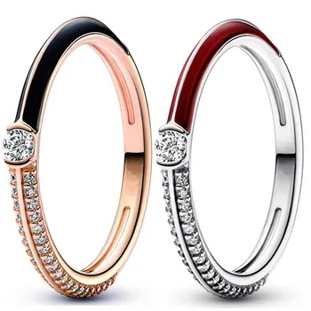 Аутентичное Серебро 925 Пробы, розовое золото, Паве и красно-черное Двойное кольцо с кристаллами для женщин, подарок на День рождения, модные украшения