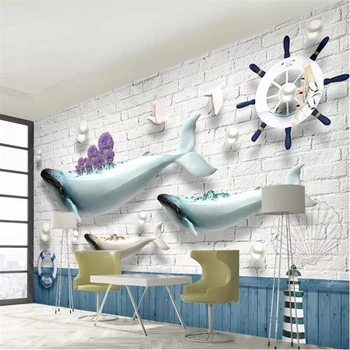 бейбеханг Пользовательские обои 3d фреска ювелирные изделия океан кит маяк морская лодка кирпичная стена Средиземноморский Европейский 3d обои