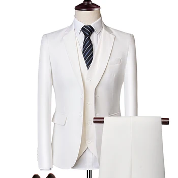 Белый мужской костюм Lansboter, новый однотонный облегающий костюм из 3 предметов, бутик-джентльмен, Классическая деловая модная одежда, пальто, жилет со штанами