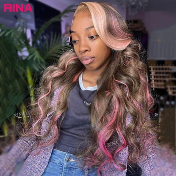 Бесклеевые парики Wear Go Коричневый с розовой подсветкой 13x4 Прозрачный кружевной фронтальный парик Объемная волна Парики из человеческих волос, предварительно выщипанные для женщин