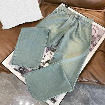 Весенне-летние унисекс, винтажные, застиранные, плиссированные джинсы с широкими штанинами