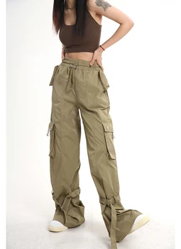 Винтажный комбинезон с несколькими карманами, женская одежда, прямые мешковатые брюки-карго, уличная одежда в стиле хип-хоп, брюки с эластичной резинкой на талии