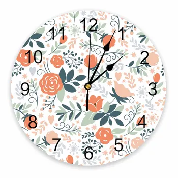 Декоративные круглые настенные часы с цветочными зелеными листьями, дизайн с арабскими цифрами, не тикающие настенные часы большого размера для спальни, ванной комнаты