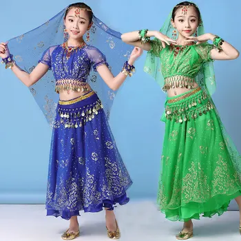 Детский комплект костюмов для танца живота для девочек, юбка для танца живота для девочек, платье для танцев в Болливуде, детский комплект одежды для индийского танца живота