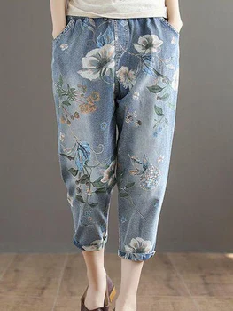 Женские летние джинсы-шаровары с цветочным принтом в этническом стиле, новые свободные джинсовые брюки с эластичной резинкой на талии, винтажные брюки длиной до щиколоток 2023 года выпуска