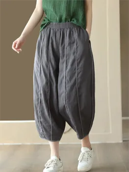 Женские повседневные брюки из простого льна в стиле ретро, новинка 2023, летние осенние брюки с эластичной резинкой на талии длиной до щиколоток