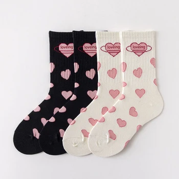 Женские Розовые носки Love Heart, черные, белые, средней длины, милые, студенческие, для девочек, носки JK Lolita, женские Простые модные носки
