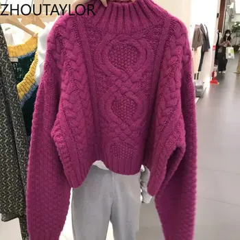 Женский свитер ZHOUTAYLOR, модные офисные женские милые топы с круглым вырезом и длинными рукавами, женский осенний короткий пуловер в японском стиле, женский
