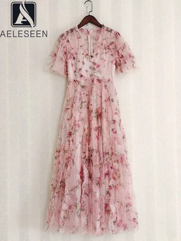 Женское многослойное платье AELESEEN, весна-лето, Подиумная мода, V-образный вырез, Цветочный принт, Розовые 3D-оборки, сетка, Длинное платье принцессы из тюля для вечеринок