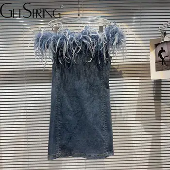 Женское платье GetSpring 2023, Летнее Новое элегантное джинсовое платье без рукавов с волосами страуса, без бретелек, Винтажные тонкие джинсовые платья синего цвета