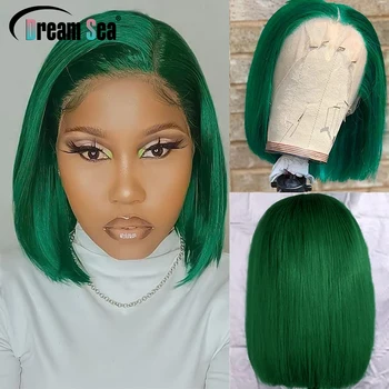 Зеленый Короткий парик из человеческих волос 13x4 с кружевной фронтальной частью, Зеленый Парик из Бесклеевых Бразильских волос Remy, Прозрачное Кружево, предварительно Выщипанное Для женщин