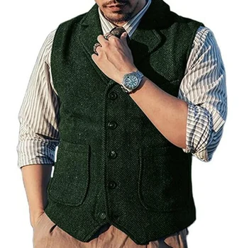 Зеленый мужской жилет с большим карманом и V-образным вырезом в елочку, зимний шерстяной твидовый жилет, приталенный костюм, жилет, джентльменская свадебная одежда