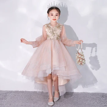 Изысканное детское платье принцессы цвета хаки для девочек длиной до колен, вечернее платье с блестками, рукав-фонарь, V-образный вырез, платье для выпускного вечера для детей 3-12 лет