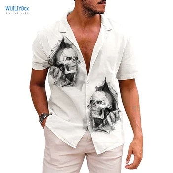 Кнопка мужская рубашка череп шаблон печати 3D скелет графический с коротким рукавом кубинский летние гавайские рубашки пляжные мужские топ вафельное 