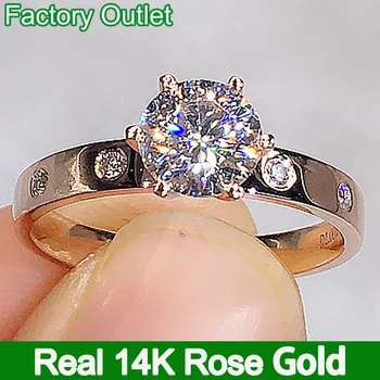 Кольцо из настоящего розового золота 14 карат, женское обручальное кольцо на годовщину помолвки, обручальное кольцо с круглым бриллиантом муассанитом, Классическое модное кольцо 1 2 3 4 5 Карат