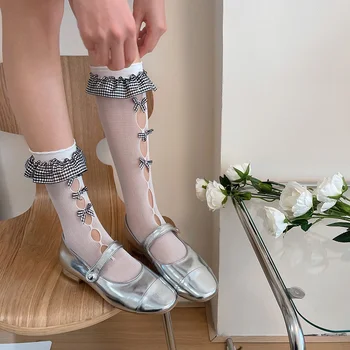 Кружевные чулки SP & CITY в клетку с бантом, выдалбливают кружевные чулки в Корейском стиле, уникальный дизайн, носки для ног в стиле 