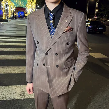 Куртка + брюки, классический однотонный двубортный деловой костюм в полоску, комплект из двух предметов, приталенный мужской костюм жениха в корейском стиле, комплект