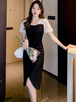 Летнее Черное платье Миди с пышными рукавами в стиле Пэчворк Женское Корейское Шикарное Сексуальное платье для выпускного вечера 2023 Элегантное Облегающее вечернее платье Vestidos