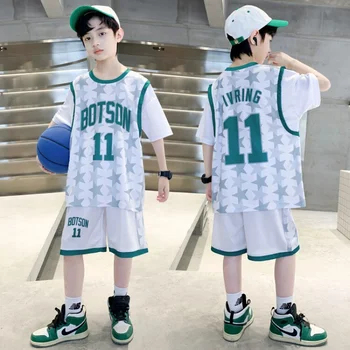 Летний комплект одежды для мальчиков, топ с коротким рукавом + шорты, 2 предмета, детский спортивный костюм для подростков, форма для тренировок по баскетболу и футболу.