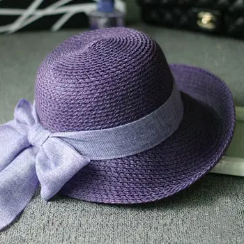 Летняя шляпа, милая женская солнцезащитная шляпа для пляжной прогулки, солнцезащитная дорожная шляпа с большими полями, Дышащая соломенная шляпа, украшенная лентой и бантом, шляпа с козырьком