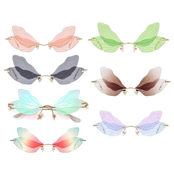 Модные Солнцезащитные очки Без оправы Dragonfly Wing Для женщин, Винтажные очки с прозрачными океанскими линзами, Мужские Розово-желтые Солнцезащитные очки с оттенками UV400