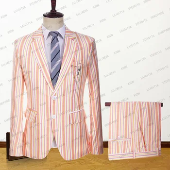 Модный новый мужской повседневный бутик 2023, белые льняные костюмы в оранжево-розовую полоску, деловой свадебный костюм жениха, комплект из 2 предметов, куртка и брюки