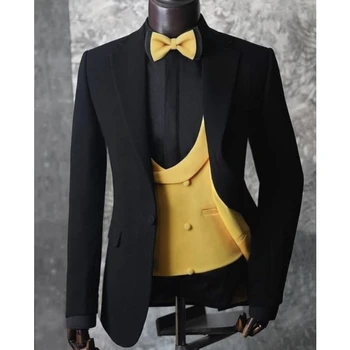 Модный Черный Блейзер, брюки, мужские костюмы, дизайн желтого жилета, сшитый на заказ, 3шт. Костюм Homme Slim Fit Для жениха, свадьба, Terno Masculino