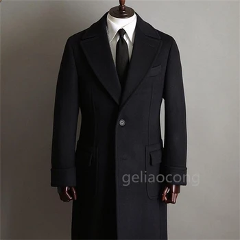 Мужское длинное пальто, черный шерстяной блейзер для джентльменов, зимний теплый деловой повседневный пиджак для выпускного вечера на каждый день, сшитый на заказ