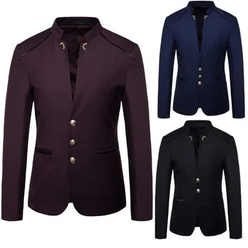 Мужской блейзер Slim Fit 2023, осень, новая мода, декоративные пуговицы, приталенный воротник-стойка в китайском стиле, однотонный пиджак, пальто