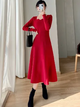 Новое женское осенне-зимнее зелено-красное вязаное платье SMTHMA, высококачественное французское платье-свитер с квадратным воротником и длинными рукавами