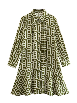 Новое летнее женское мини-платье с принтом TRAF 2023, отложной воротник, Однобортное Свободное платье